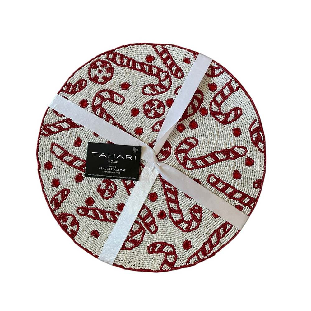 Tahari CANDY CANE Beaded Placemats 15in 2pc Christmas Holiday Red White New